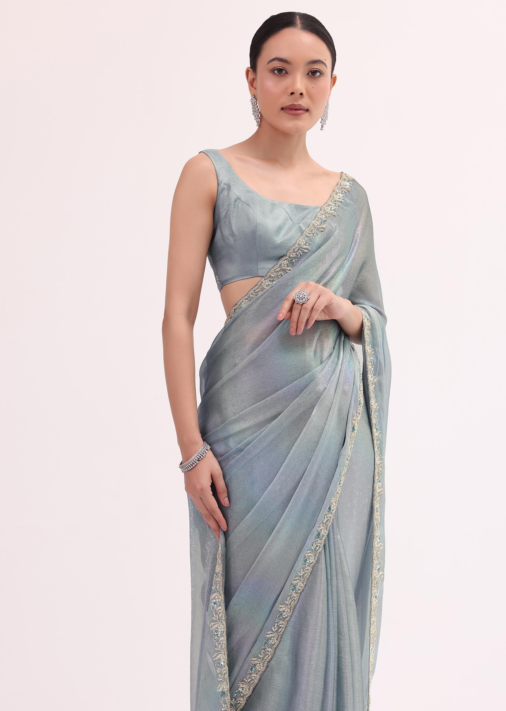 Blue Embroidered Saree With Unstitched Blouse